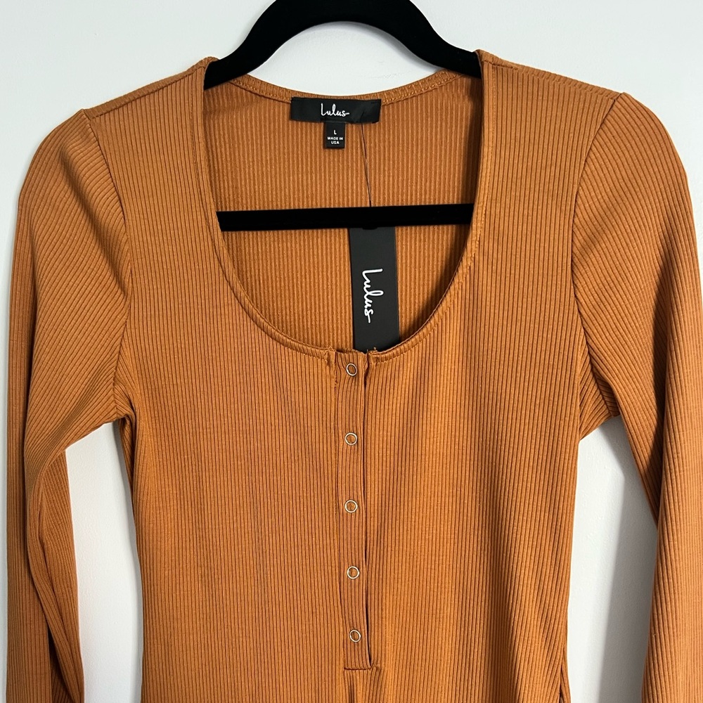Lulus Go Beyond Basic Rust Brown Ribbed Snap Front Bodycon Mini Dress - Picture 5 of 5